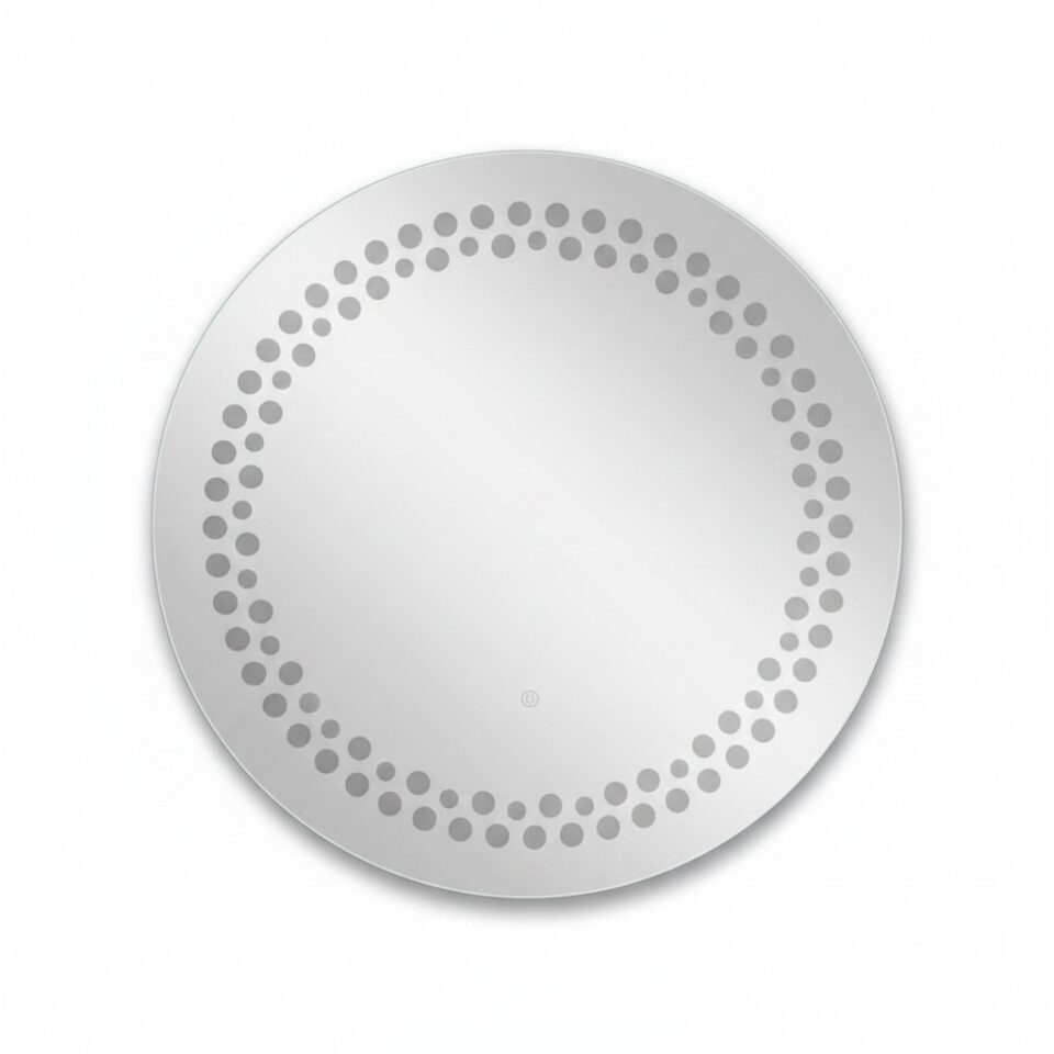 Miroir LED Mural Rond 89 cm — Motif Points Lumineux — 3 Températures Tactile — Cadre Aluminium Noir Mat